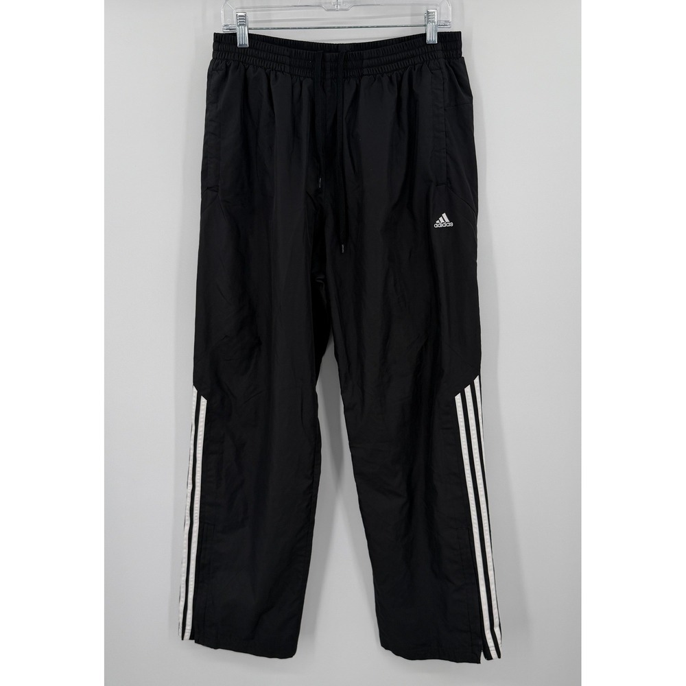 Adidas Mens Black 3-Stripe Track Pants L Nylon Windbreaker Joggers Zip Ankle